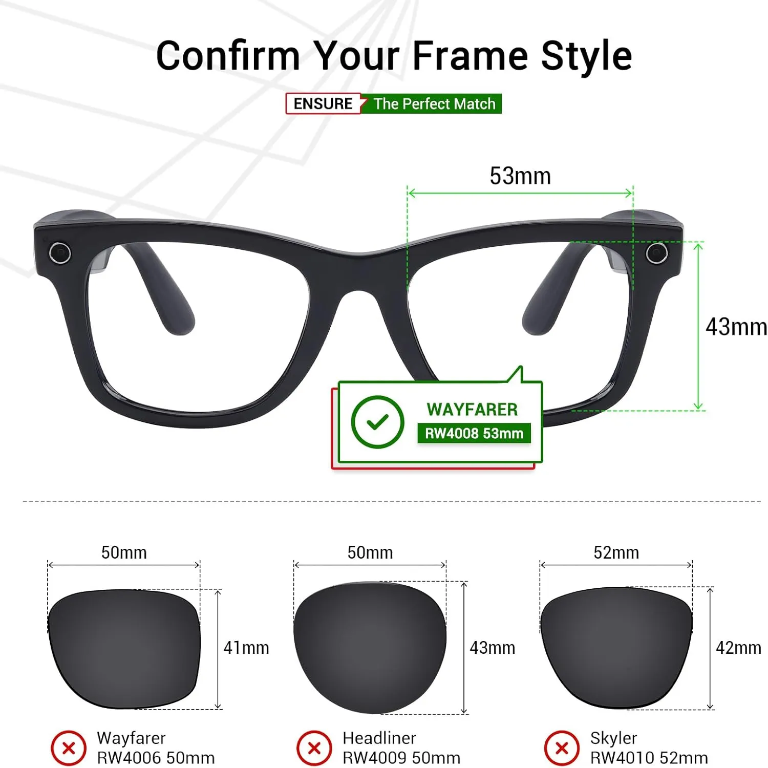Mryok Replacement Lenses for Ray-Ban Meta Wayfarer RW4008 53mm Sunglass - Options