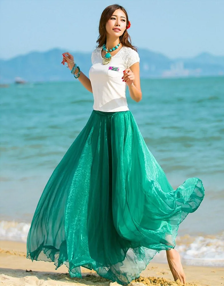 MULLSAN Women Retro Vintage Double Layer Chiffon Pleat Maxi Long Skirt Dress