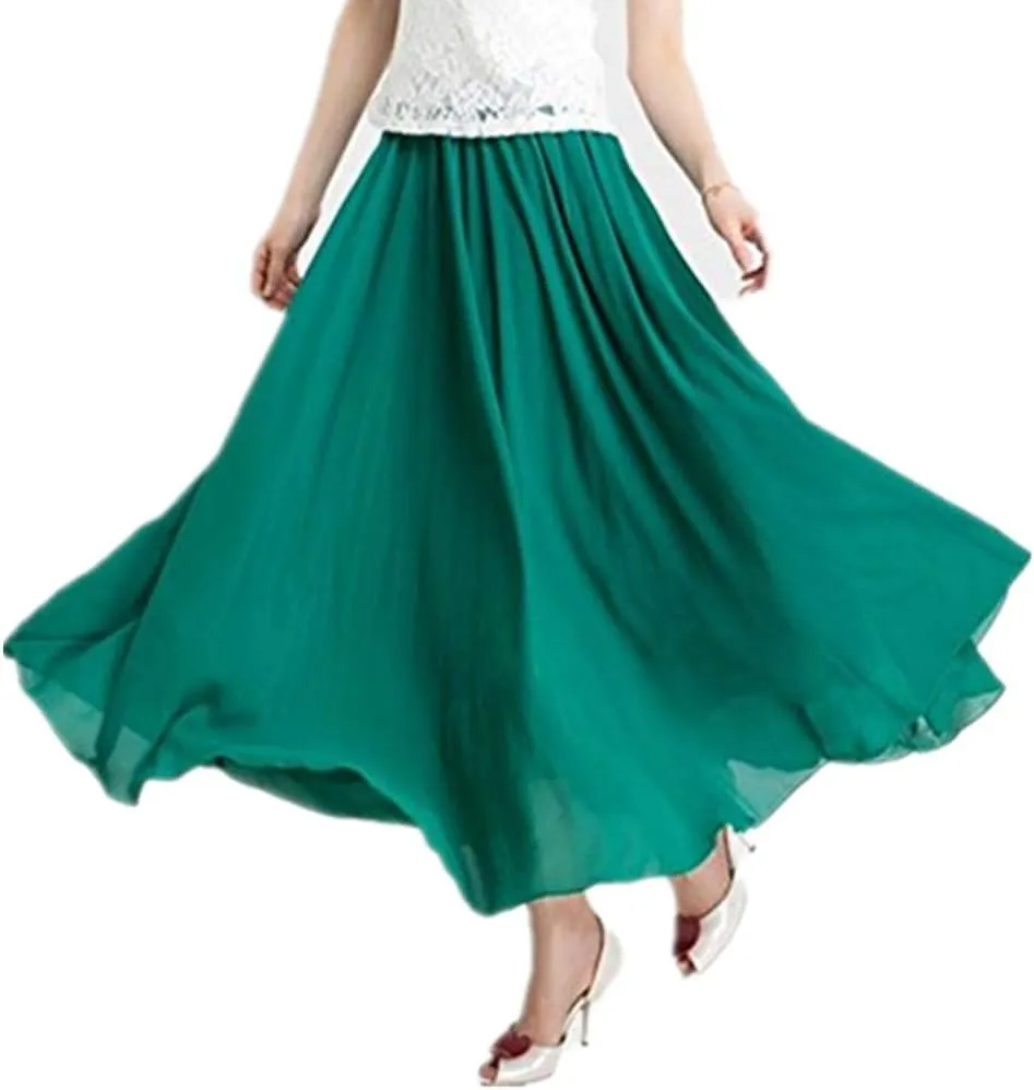 MULLSAN Women Retro Vintage Double Layer Chiffon Pleat Maxi Long Skirt Dress
