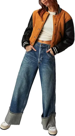 Mxiqqpltky Womens Mom Jeans High Waisted Baggy Boyfriend Jeans Y2k Straight Wide Leg Cuffed Hem Denim Pants Streetwear