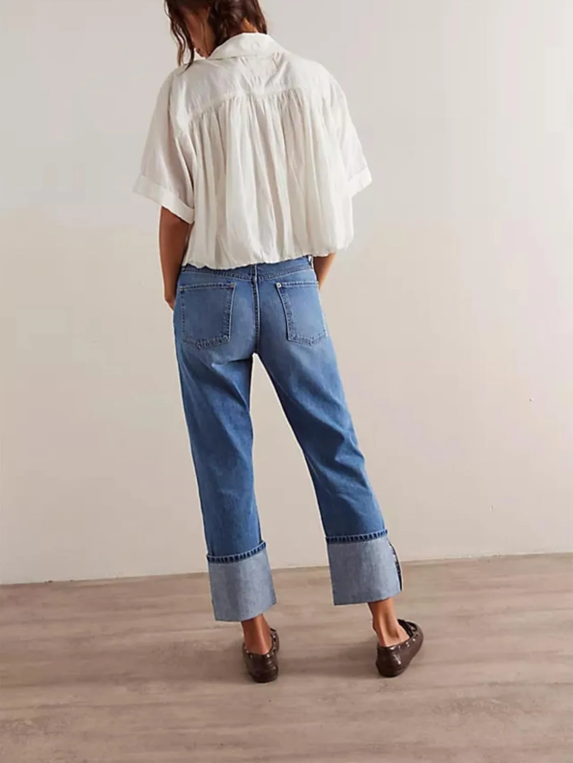 Mxiqqpltky Womens Mom Jeans High Waisted Baggy Boyfriend Jeans Y2k Straight Wide Leg Cuffed Hem Denim Pants Streetwear