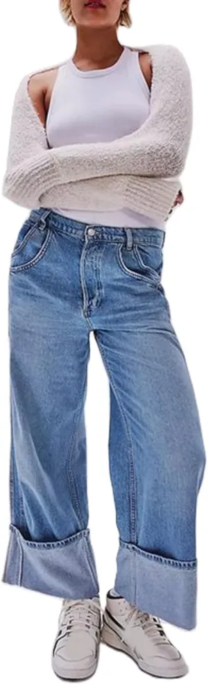 Mxiqqpltky Womens Mom Jeans High Waisted Baggy Boyfriend Jeans Y2k Straight Wide Leg Cuffed Hem Denim Pants Streetwear