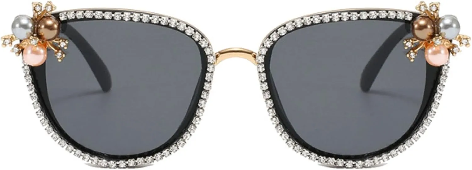 Oval Pearl Sunglasses for Women Luxury Vintage Rhinestone Sun Glasses Party Festival Cat Eye Bling Sunglasses N45