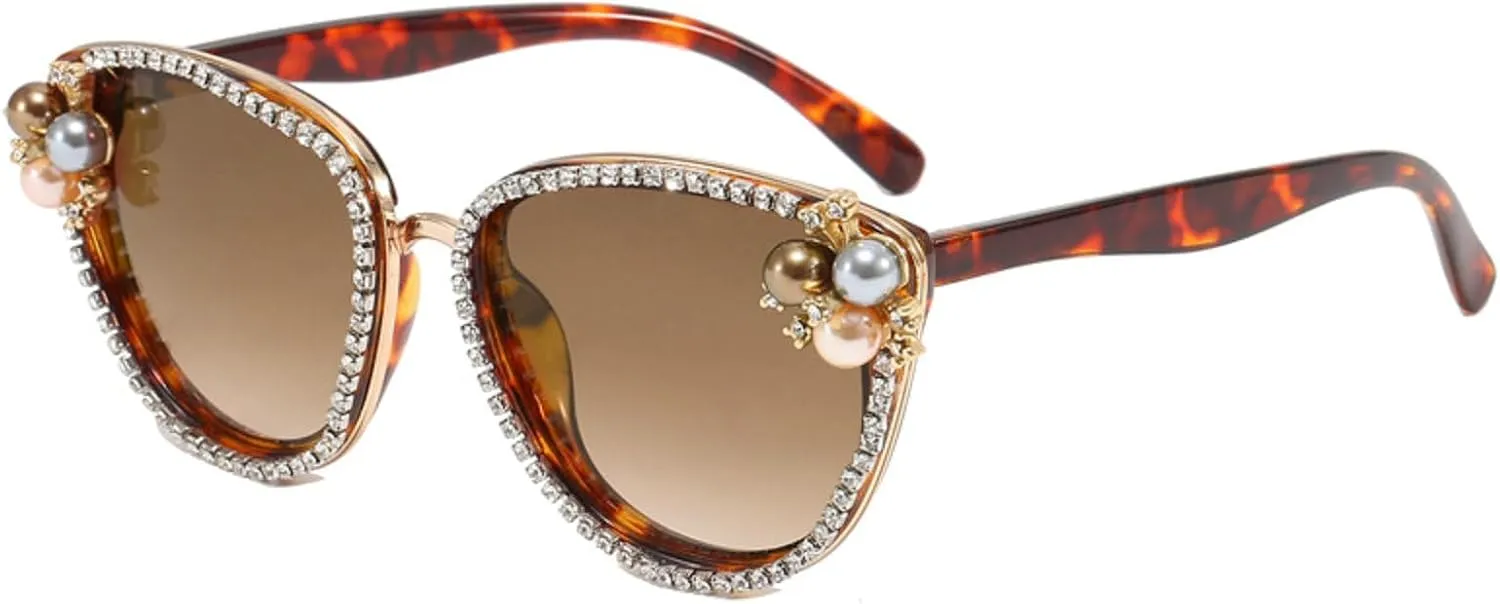 Oval Pearl Sunglasses for Women Luxury Vintage Rhinestone Sun Glasses Party Festival Cat Eye Bling Sunglasses N45