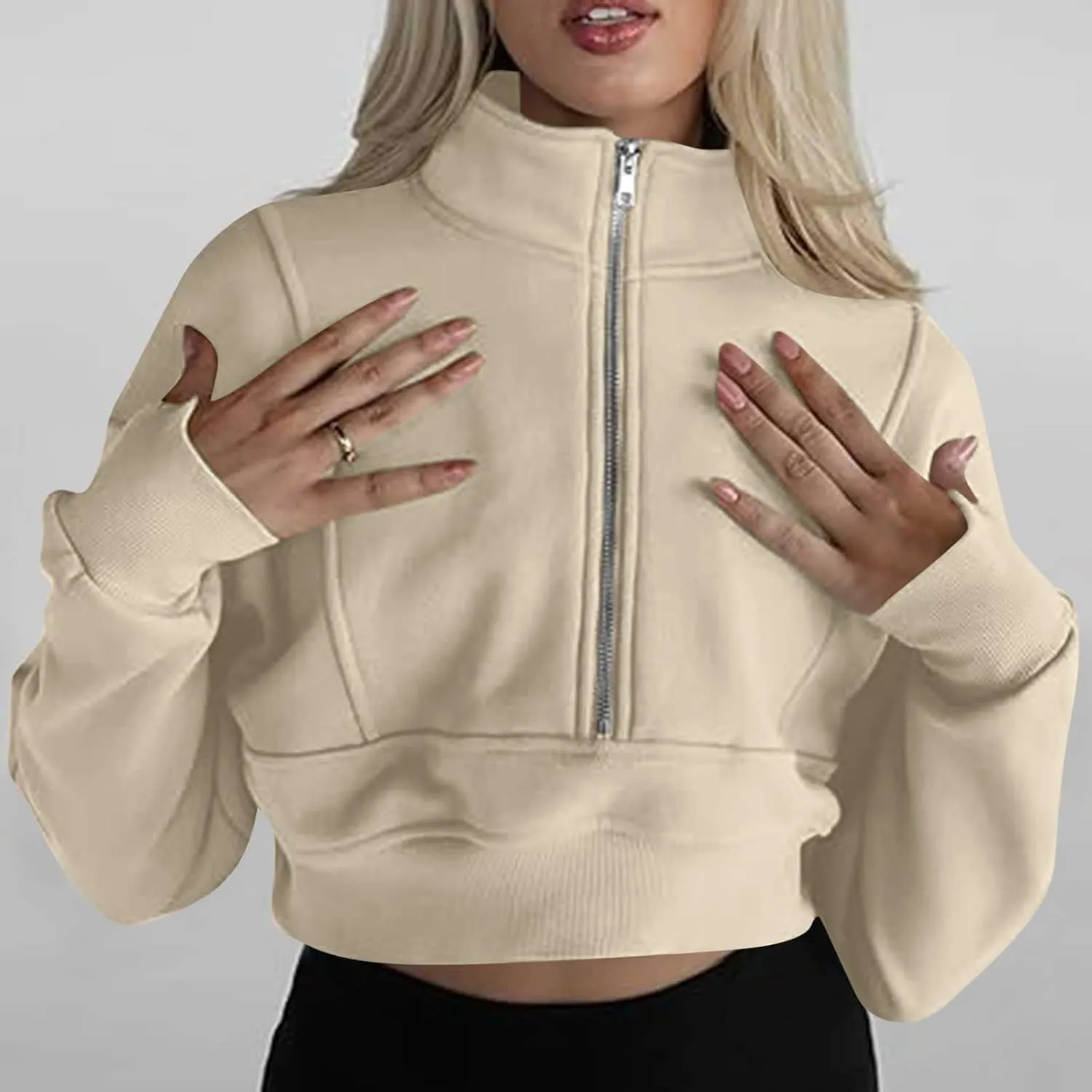 Oversized Half Zipper Cropped Hoodies Sweatshirts for Women2024 Casual V Neck Long Sleeve Solid Color Tunic Tops