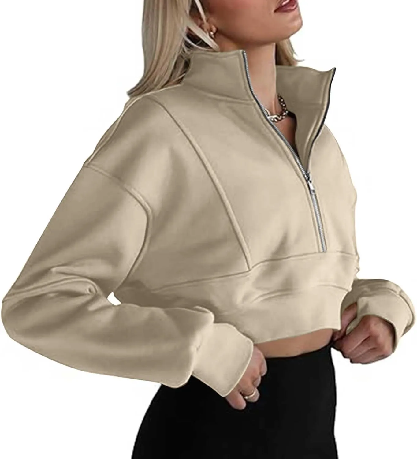 Oversized Half Zipper Cropped Hoodies Sweatshirts for Women2024 Casual V Neck Long Sleeve Solid Color Tunic Tops