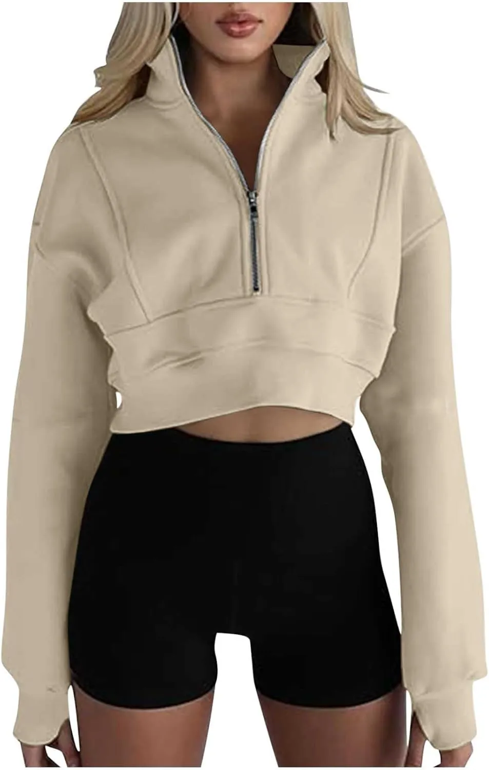 Oversized Half Zipper Cropped Hoodies Sweatshirts for Women2024 Casual V Neck Long Sleeve Solid Color Tunic Tops