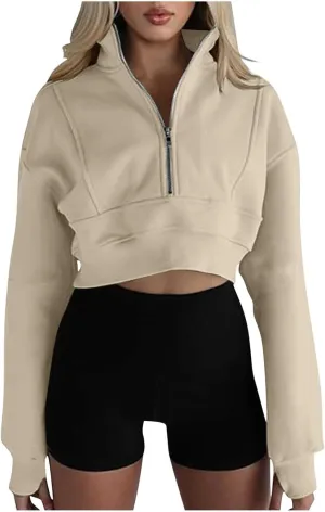 Oversized Half Zipper Cropped Hoodies Sweatshirts for Women2024 Casual V Neck Long Sleeve Solid Color Tunic Tops