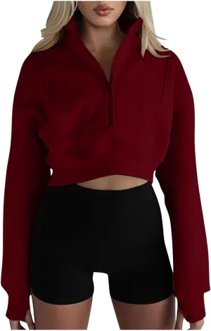 Oversized Half Zipper Cropped Hoodies Sweatshirts for Women2024 Casual V Neck Long Sleeve Solid Color Tunic Tops
