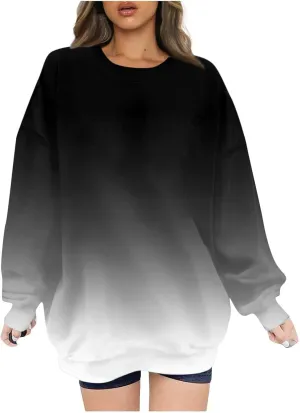 Oversized Sweatshirt for Women Gradient Color Tie-Dye Print Casual Crewneck Sweater Tops Loose Fit Long Sleeve Clothes