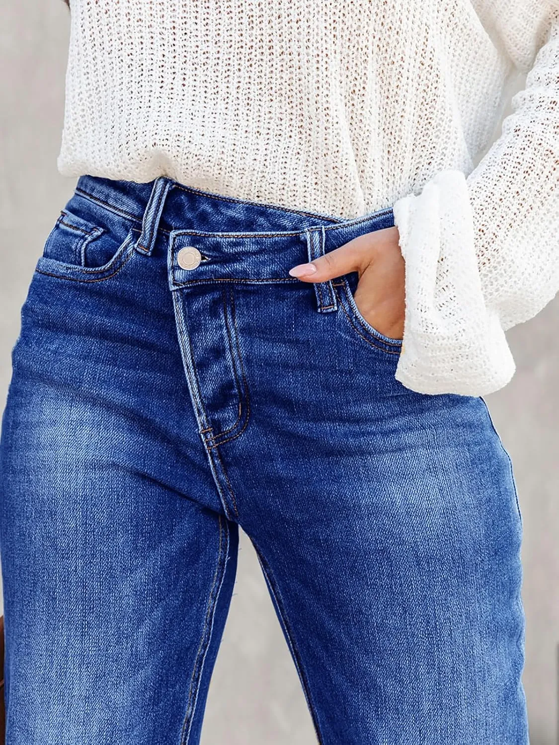PLNOTME Women's High Waisted Straight Leg Jeans Crossover Stretch Casual Cuffed Denim Pants