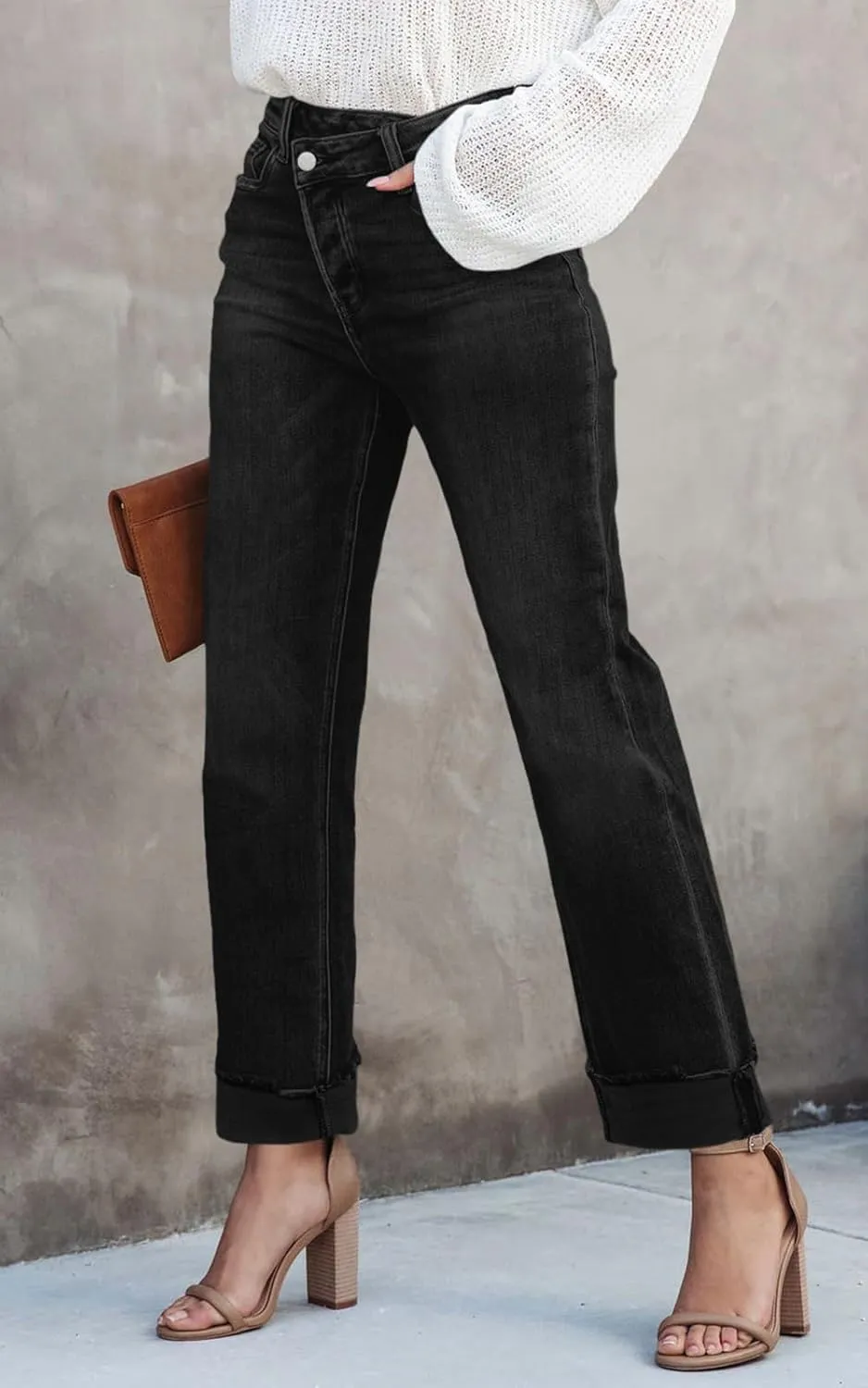 PLNOTME Women's High Waisted Straight Leg Jeans Crossover Stretch Casual Cuffed Denim Pants