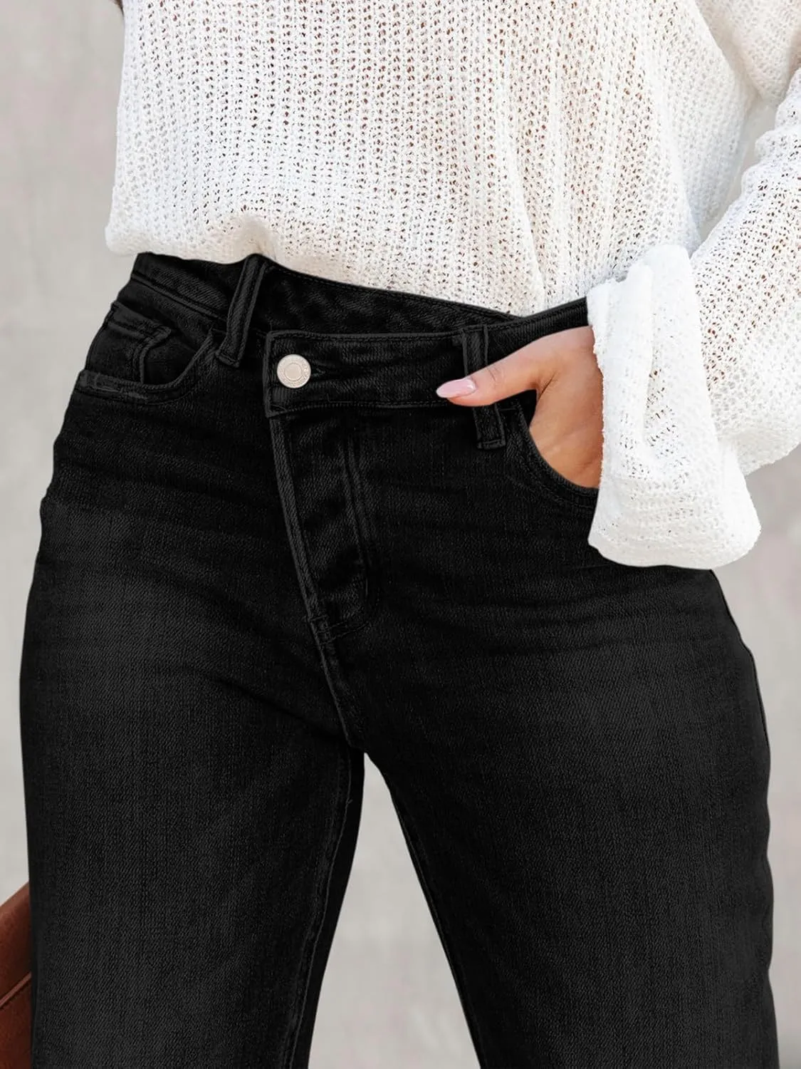 PLNOTME Women's High Waisted Straight Leg Jeans Crossover Stretch Casual Cuffed Denim Pants