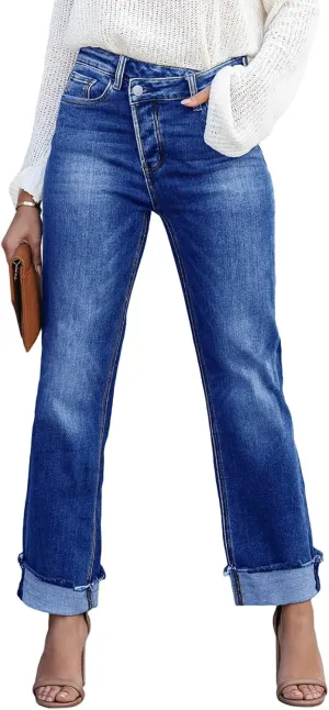 PLNOTME Women's High Waisted Straight Leg Jeans Crossover Stretch Casual Cuffed Denim Pants