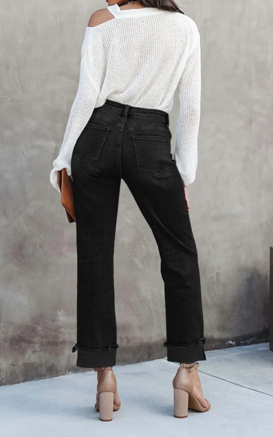 PLNOTME Women's High Waisted Straight Leg Jeans Crossover Stretch Casual Cuffed Denim Pants