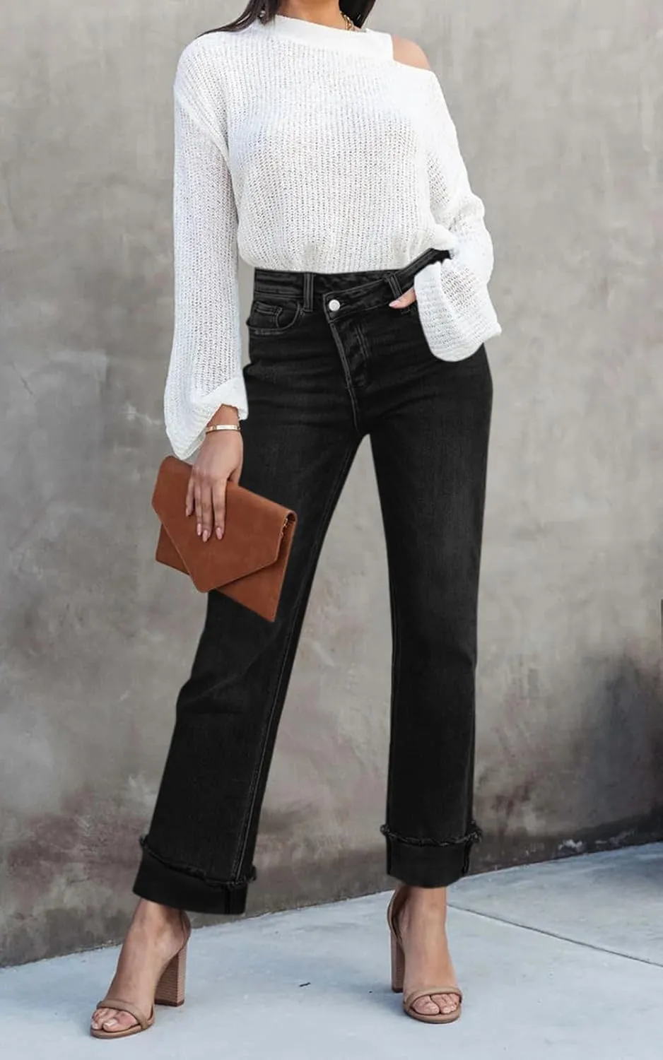 PLNOTME Women's High Waisted Straight Leg Jeans Crossover Stretch Casual Cuffed Denim Pants