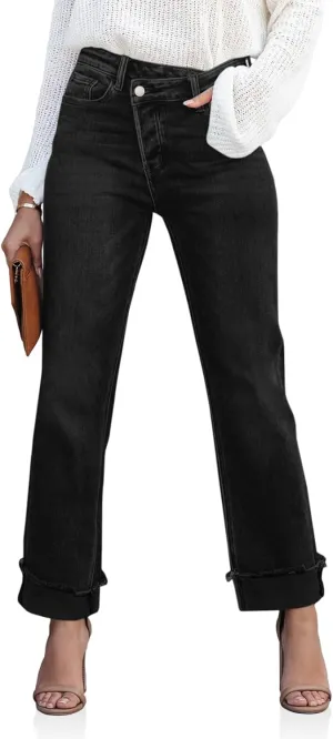 PLNOTME Women's High Waisted Straight Leg Jeans Crossover Stretch Casual Cuffed Denim Pants
