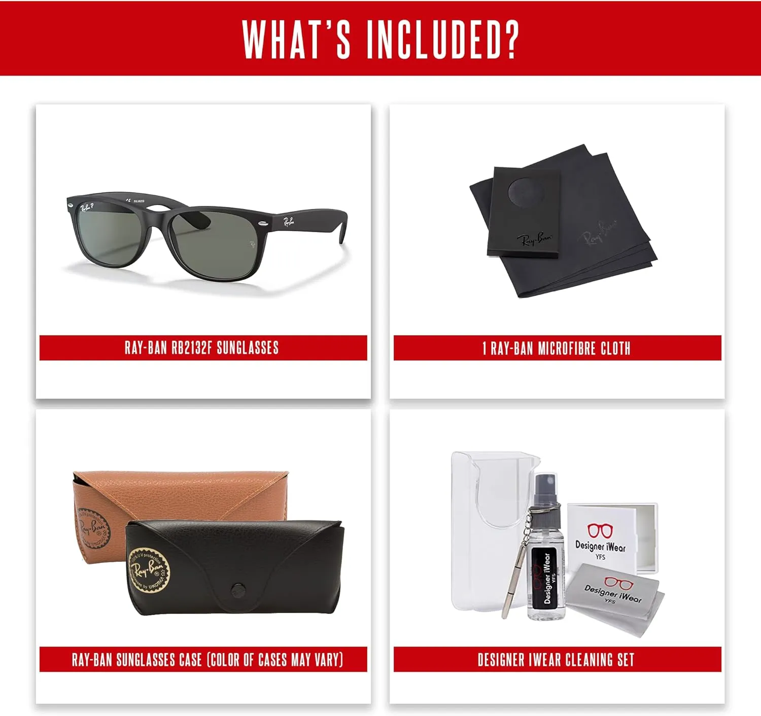 Ray-Ban New Wayfarer RB2132F Asian Fit Low Bridge Square Sunglasses for Men for Women   BUNDLE With DIW Kit