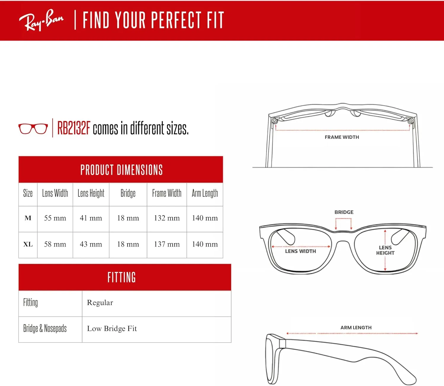 Ray-Ban New Wayfarer RB2132F Asian Fit Low Bridge Square Sunglasses for Men for Women   BUNDLE With DIW Kit