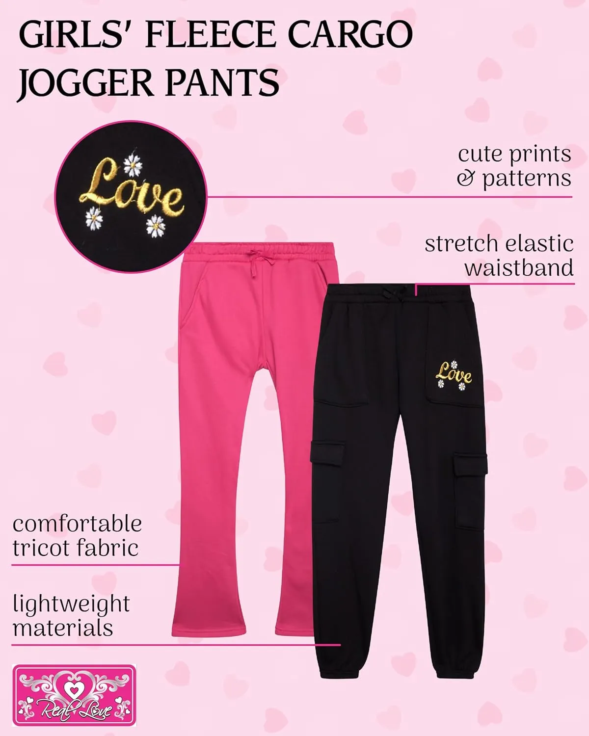 Real Love Girls' Sweatpants - 2 Pack Fleece Cargo & Basic Classic Jogger Sweatpants - Cozy Cargo Jogger Pants for Girls, 7-16
