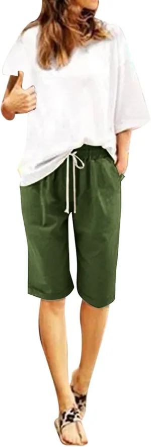 sdbrld Bermuda Shorts for Women,Womens Bermuda Shorts Casual Summer Drawstring Shorts High Waisted Cotton Athletic Shorts