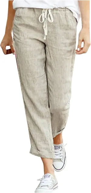 SMIDOW Linen Pants for Women Drawstring Elastic Waist Cotton Pants Cuffed Hem Ankle Trousers Straight Leg Capris Pants
