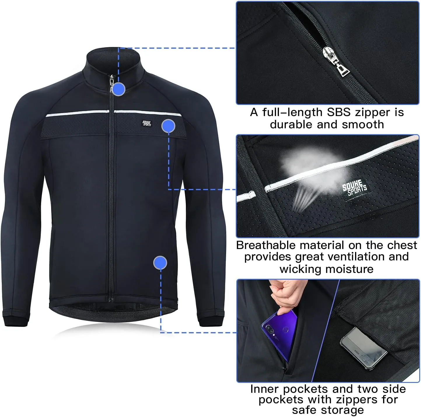 Souke Sports Men's Winter Cycling Jacket, Windproof Water Resistant Thermal Windbreaker