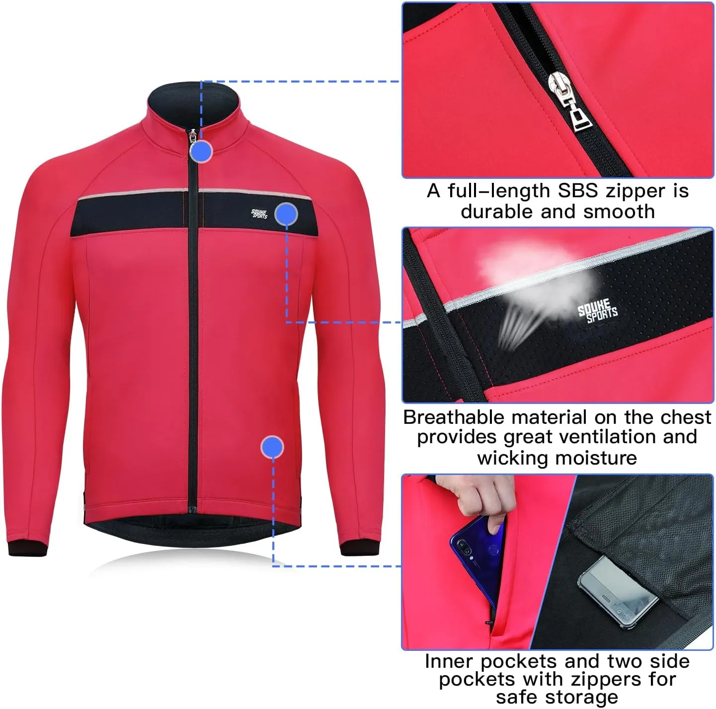 Souke Sports Men's Winter Cycling Jacket, Windproof Water Resistant Thermal Windbreaker