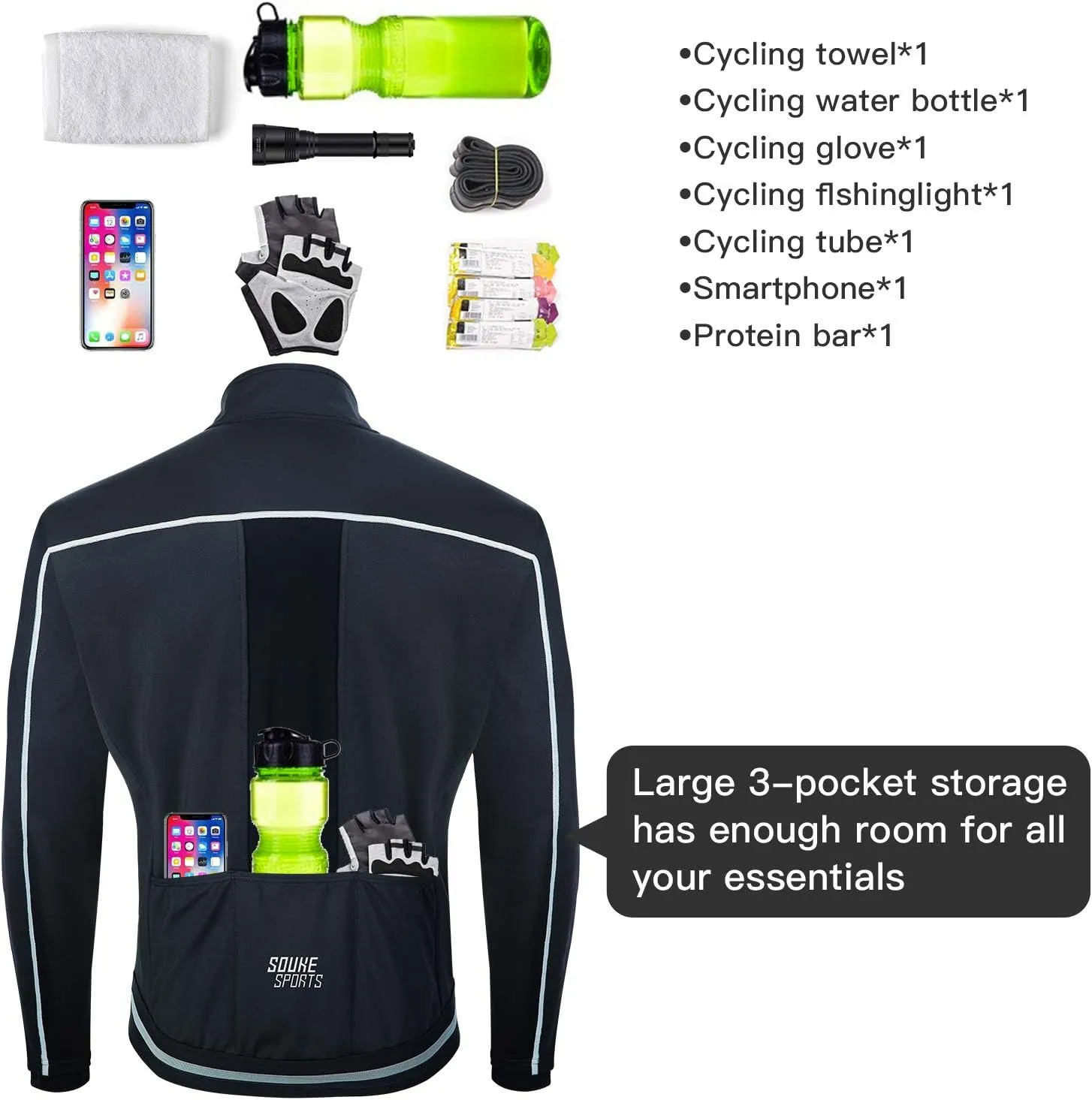 Souke Sports Men's Winter Cycling Jacket, Windproof Water Resistant Thermal Windbreaker