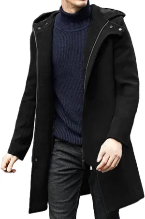 Trench Coat Men Casual Lapel Collar Business Winter Long Overcoats Zipper Hooded Pea Coats Slim Fit Thermal Long Coat