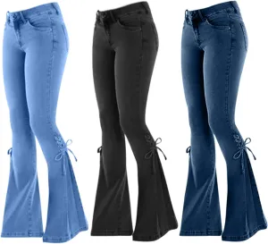 Uillui Flare Jeans for Women High Waisted Lace-up Bell Bottom Stretch Denim Jeans Bootcut Slim Retro Wide Leg Denim Pants