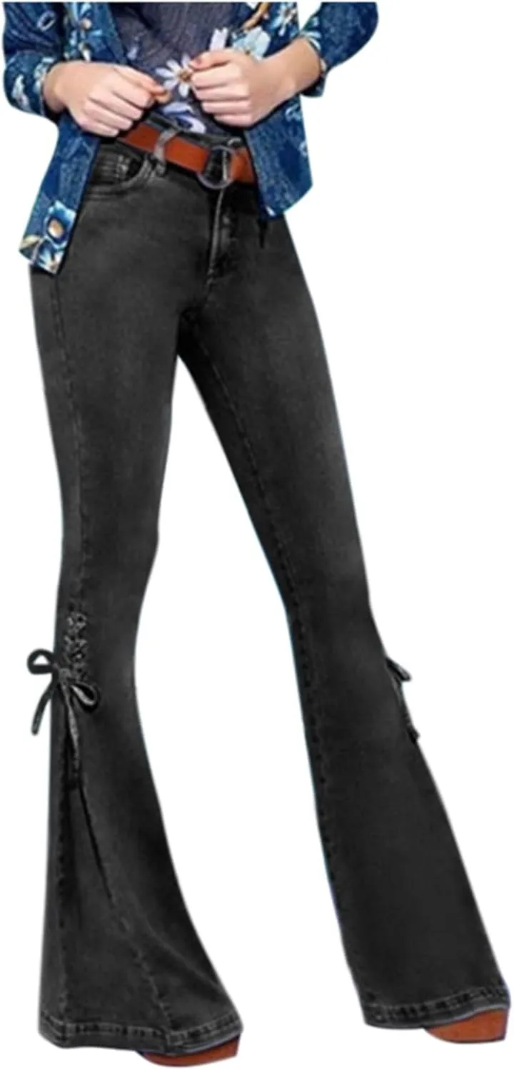 Uillui Flare Jeans for Women High Waisted Lace-up Bell Bottom Stretch Denim Jeans Bootcut Slim Retro Wide Leg Denim Pants