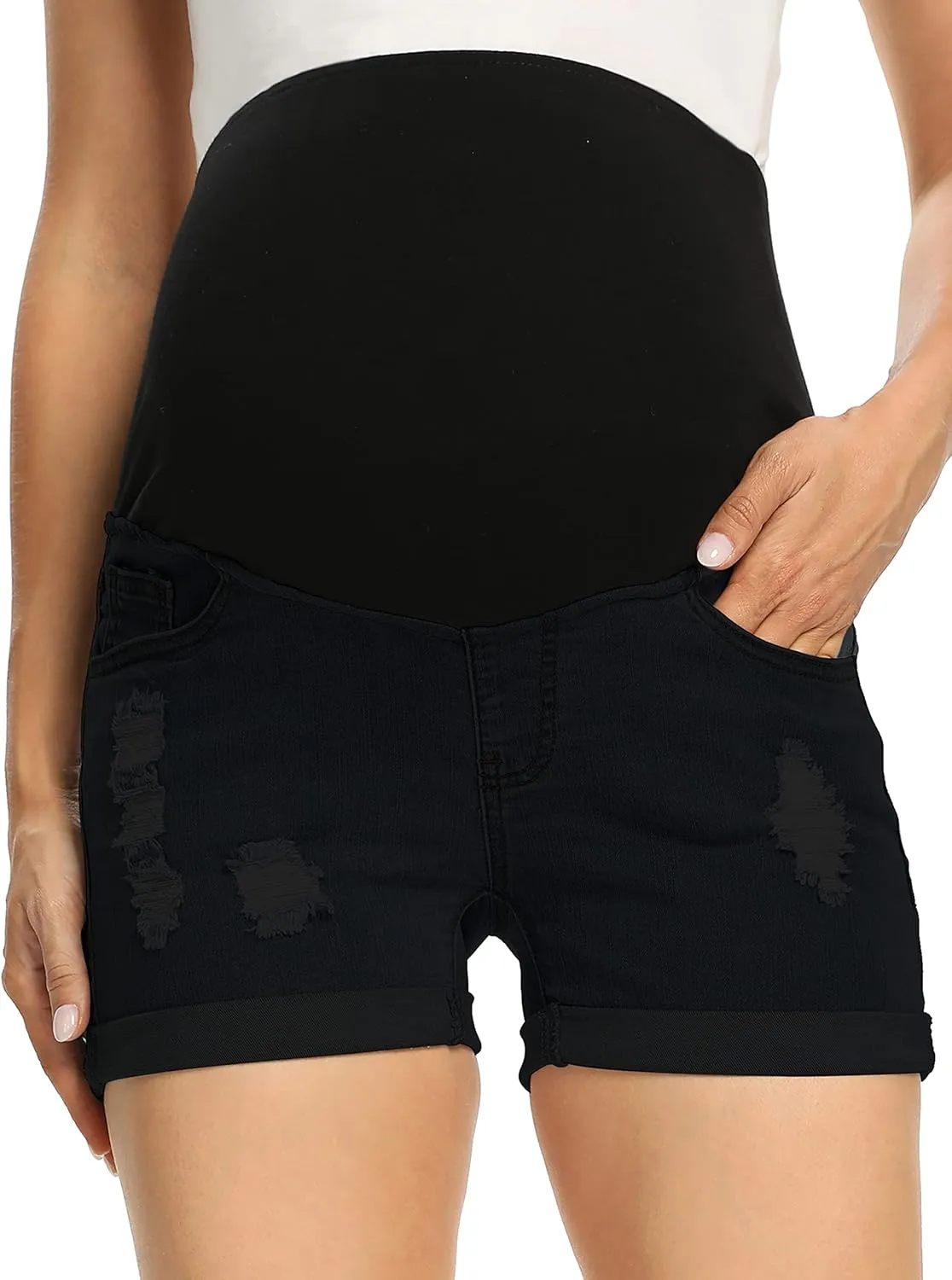 V VOCNI Maternity Denim Shorts Women's Summer High Waist Distressed Cuffed Hem Casual Denim Jeans Short