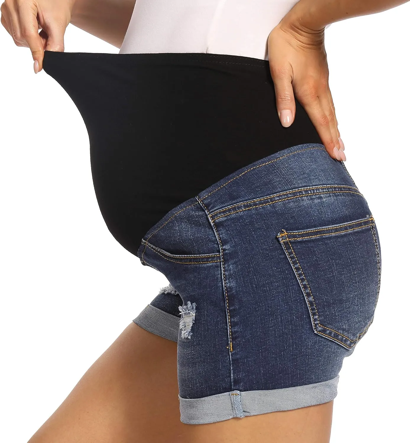 V VOCNI Maternity Denim Shorts Women's Summer High Waist Distressed Cuffed Hem Casual Denim Jeans Short