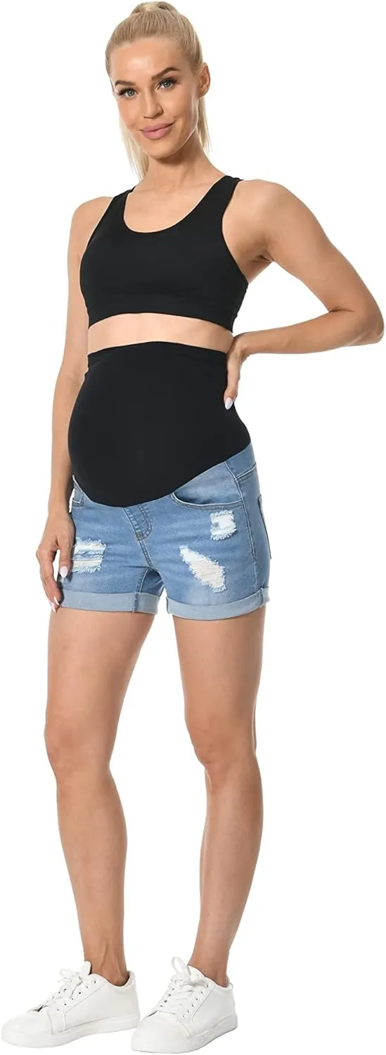 V VOCNI Maternity Denim Shorts Women's Summer High Waist Distressed Cuffed Hem Casual Denim Jeans Short