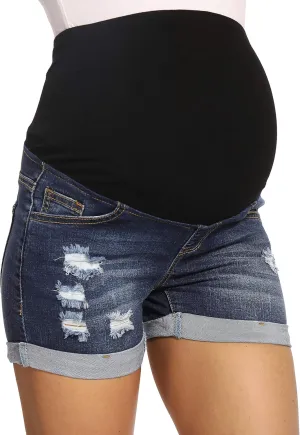 V VOCNI Maternity Denim Shorts Women's Summer High Waist Distressed Cuffed Hem Casual Denim Jeans Short