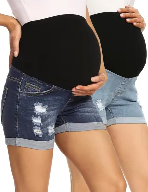 V VOCNI Maternity Denim Shorts Women's Summer High Waist Distressed Cuffed Hem Casual Denim Jeans Short