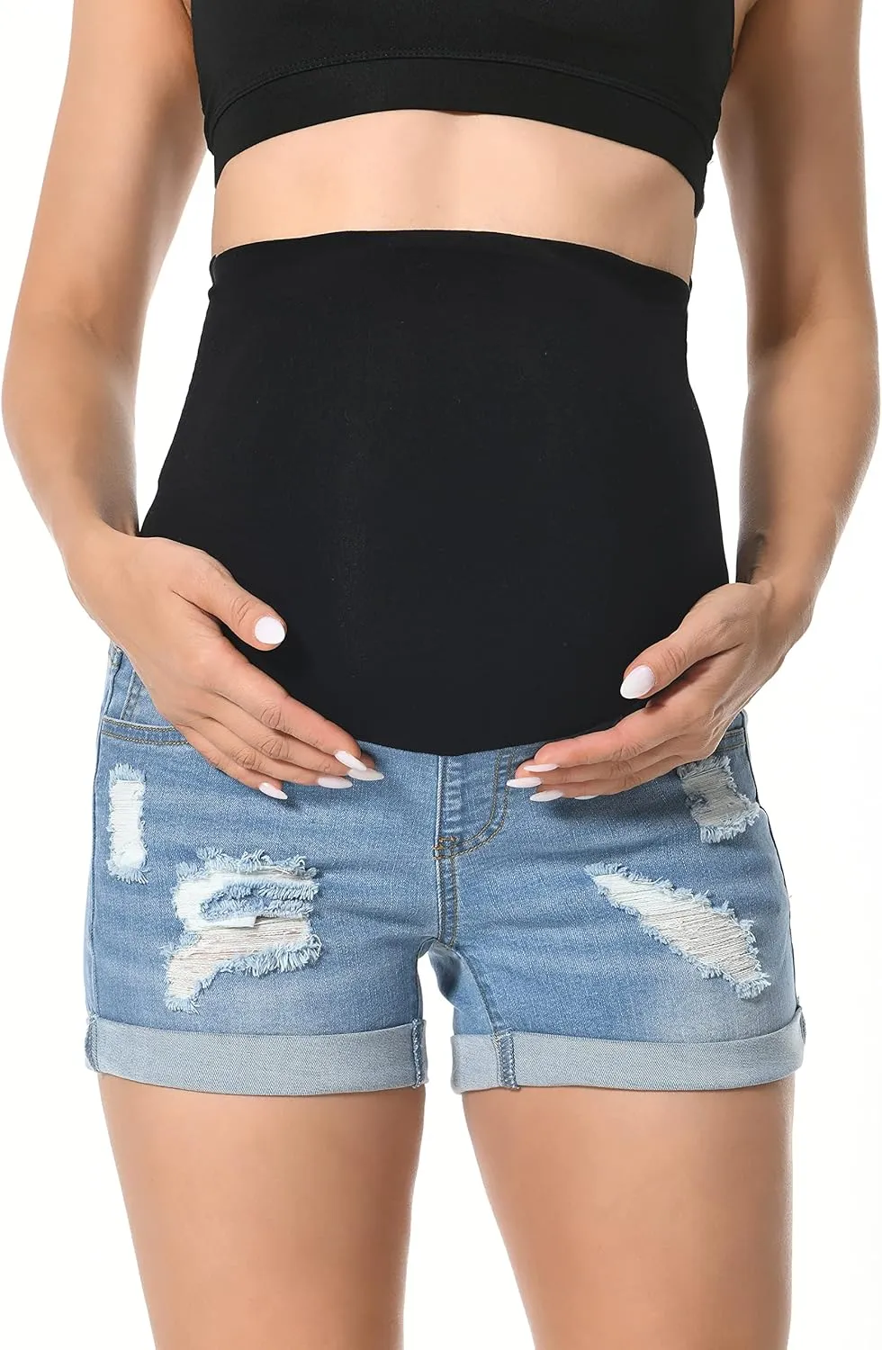 V VOCNI Maternity Denim Shorts Women's Summer High Waist Distressed Cuffed Hem Casual Denim Jeans Short