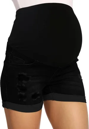 V VOCNI Maternity Denim Shorts Women's Summer High Waist Distressed Cuffed Hem Casual Denim Jeans Short