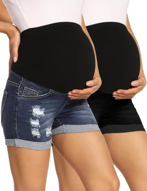V VOCNI Maternity Denim Shorts Women's Summer High Waist Distressed Cuffed Hem Casual Denim Jeans Short