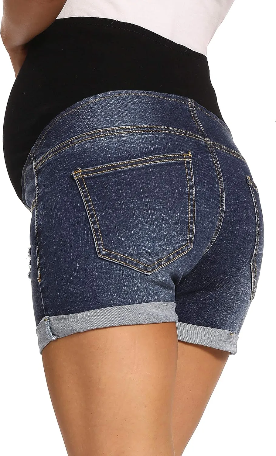 V VOCNI Maternity Denim Shorts Women's Summer High Waist Distressed Cuffed Hem Casual Denim Jeans Short