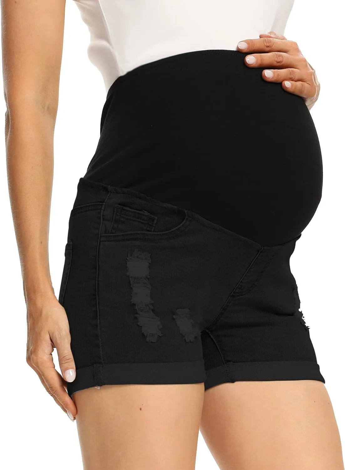 V VOCNI Maternity Denim Shorts Women's Summer High Waist Distressed Cuffed Hem Casual Denim Jeans Short