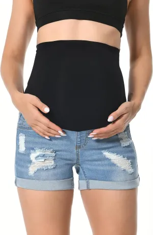 V VOCNI Maternity Denim Shorts Women's Summer High Waist Distressed Cuffed Hem Casual Denim Jeans Short