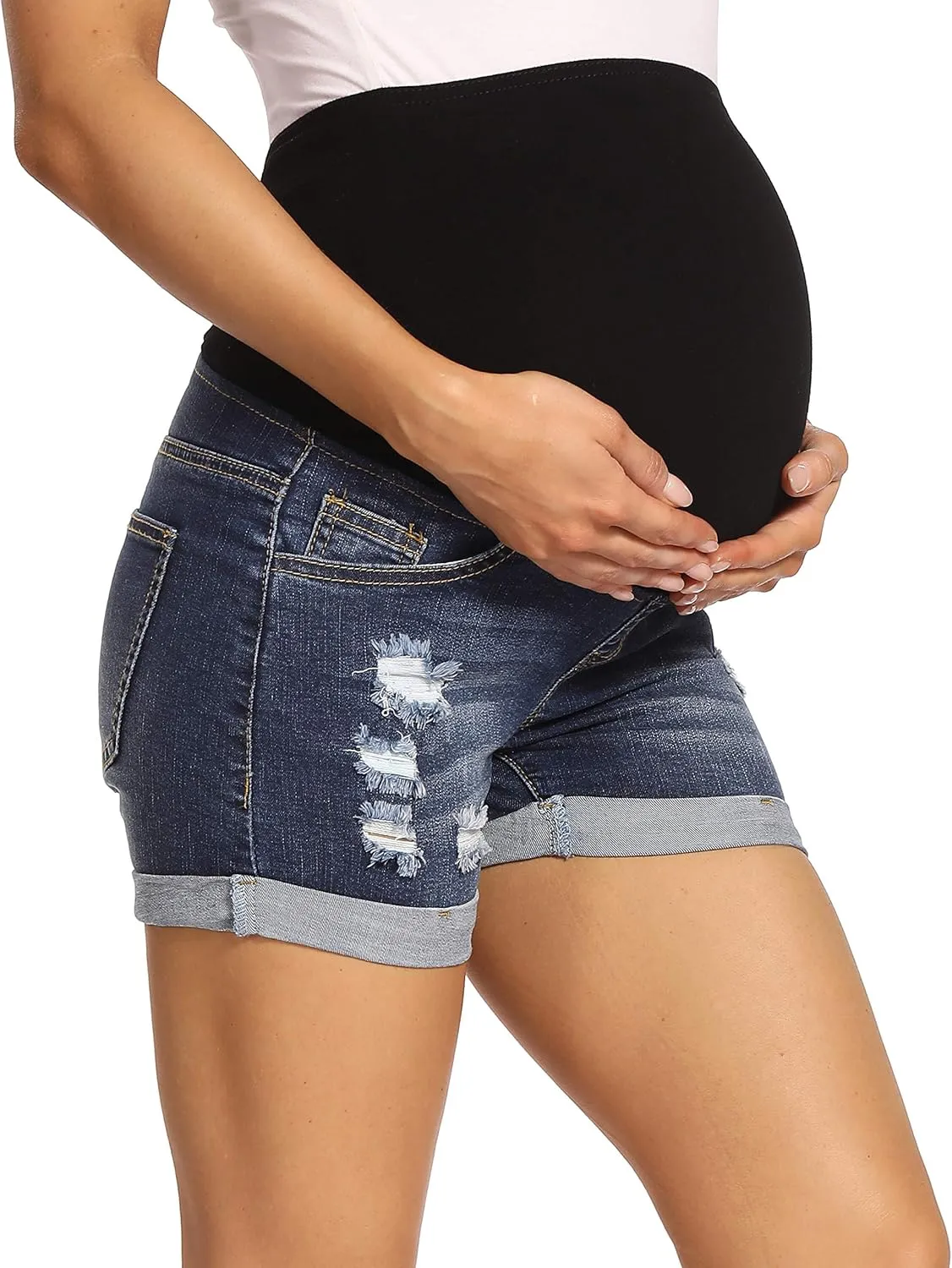 V VOCNI Maternity Denim Shorts Women's Summer High Waist Distressed Cuffed Hem Casual Denim Jeans Short