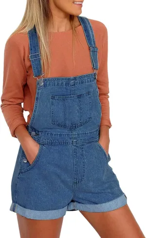Vetinee Women's Classic Adjustable Straps Cuffed Hem Denim Bib Overalls Shorts