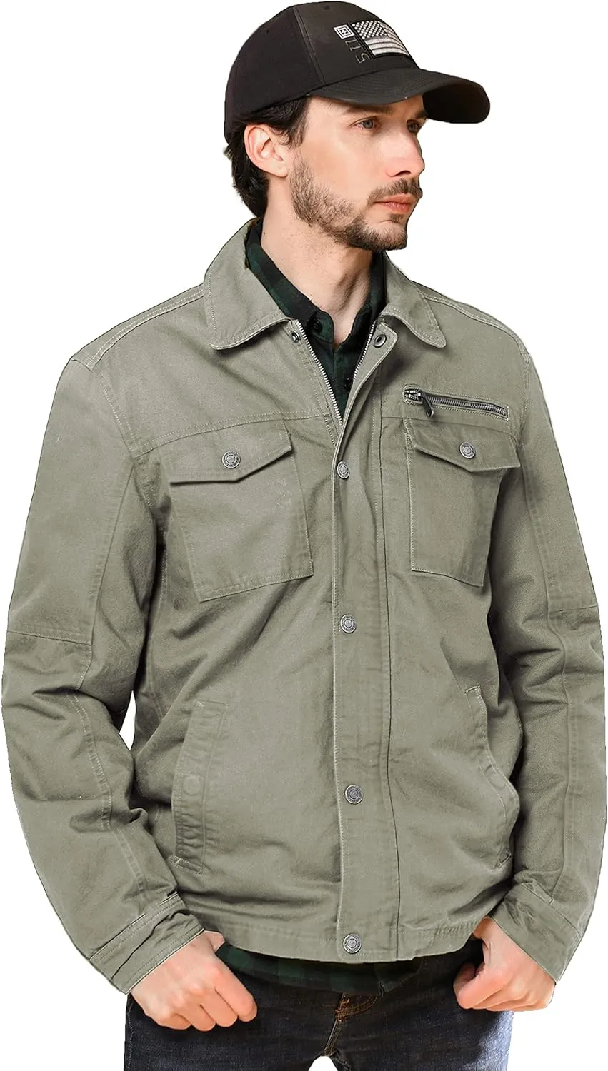 WenVen Men's Casual Canvas Cotton Military Lapel Jacket