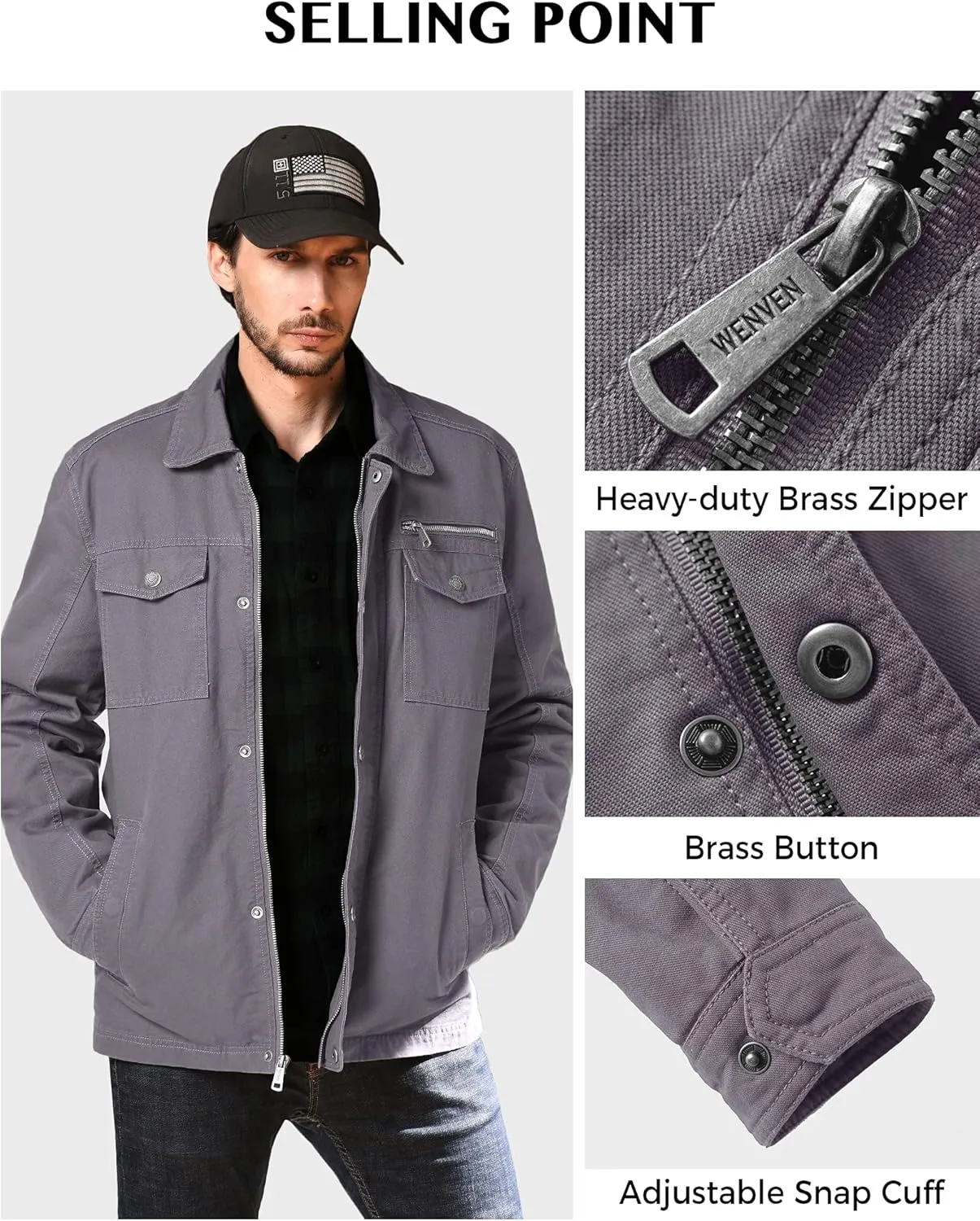 WenVen Men's Casual Canvas Cotton Military Lapel Jacket