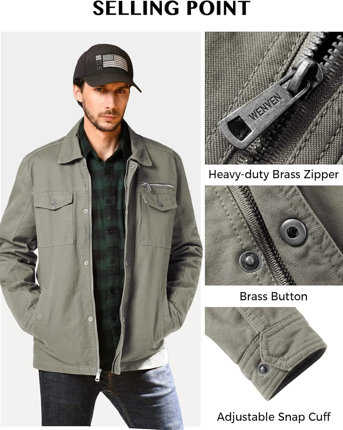 WenVen Men's Casual Canvas Cotton Military Lapel Jacket
