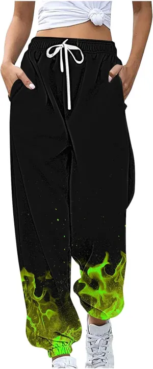 Women Baggy Sweatpants Fire Flame Rave Pants High Waist Joggers Pants Sporty Athletic Lounge Trousers with Drawstring