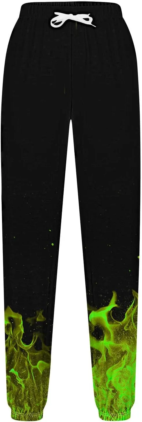 Women Baggy Sweatpants Fire Flame Rave Pants High Waist Joggers Pants Sporty Athletic Lounge Trousers with Drawstring